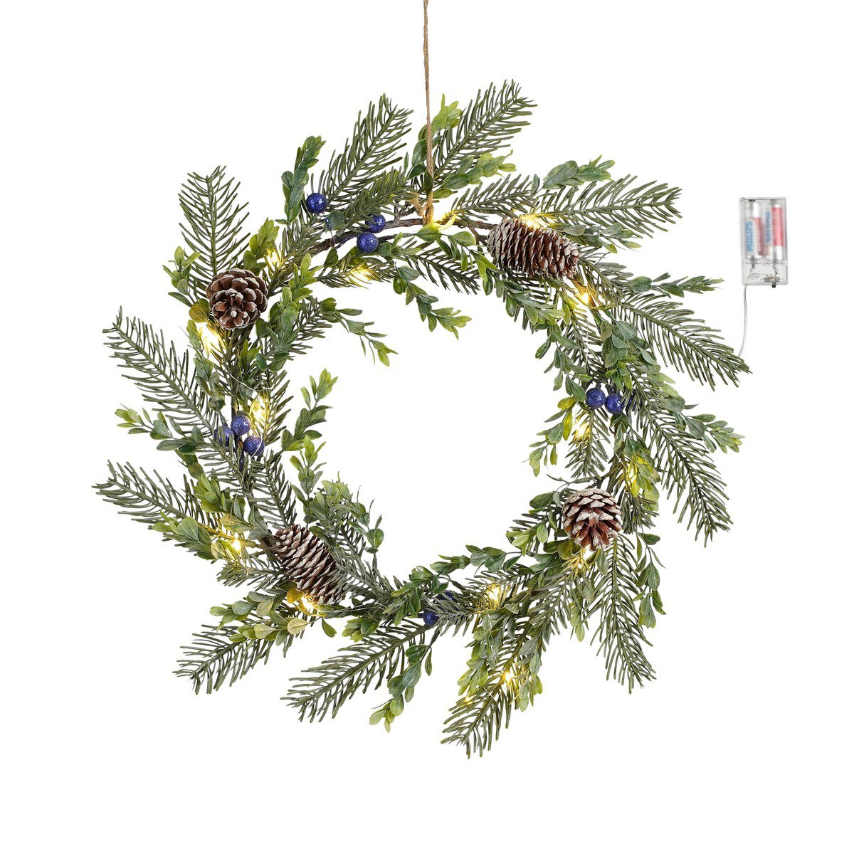 Kerstkrans met LED-verlichting, dennenappels en blauwe besjes, 42 cm
