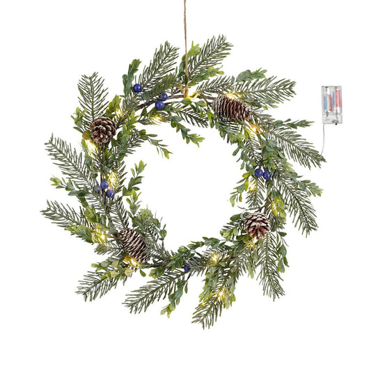 Kerstkrans met LED-verlichting, dennenappels en blauwe besjes, 42 cm