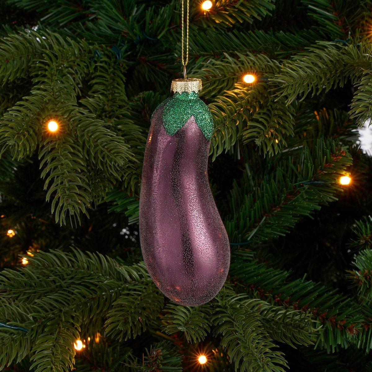 Aubergine kersthanger van glas, 13,5 cm
