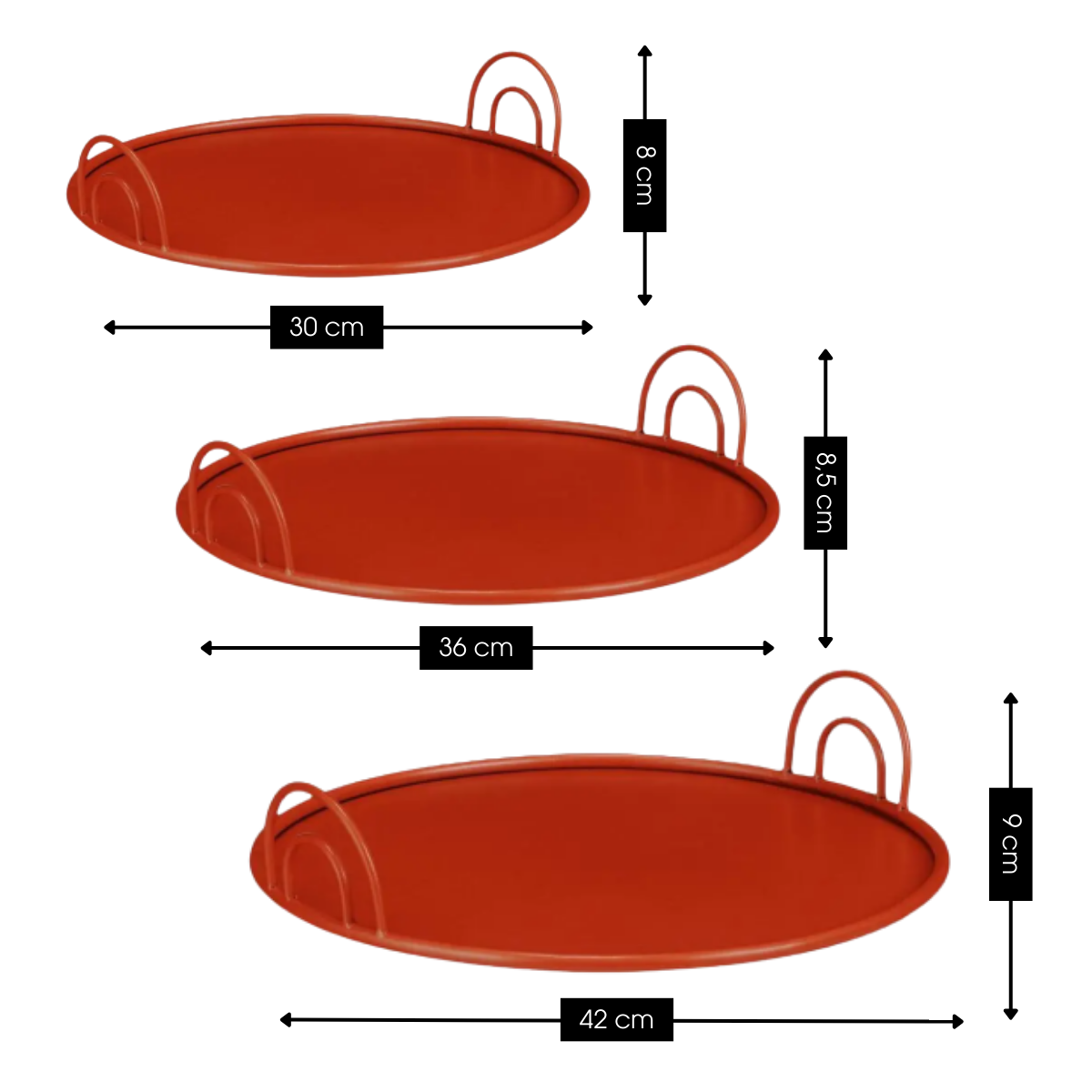 Dienbladen set van 3 met handgrepen, Ø30, Ø36 en Ø42 cm