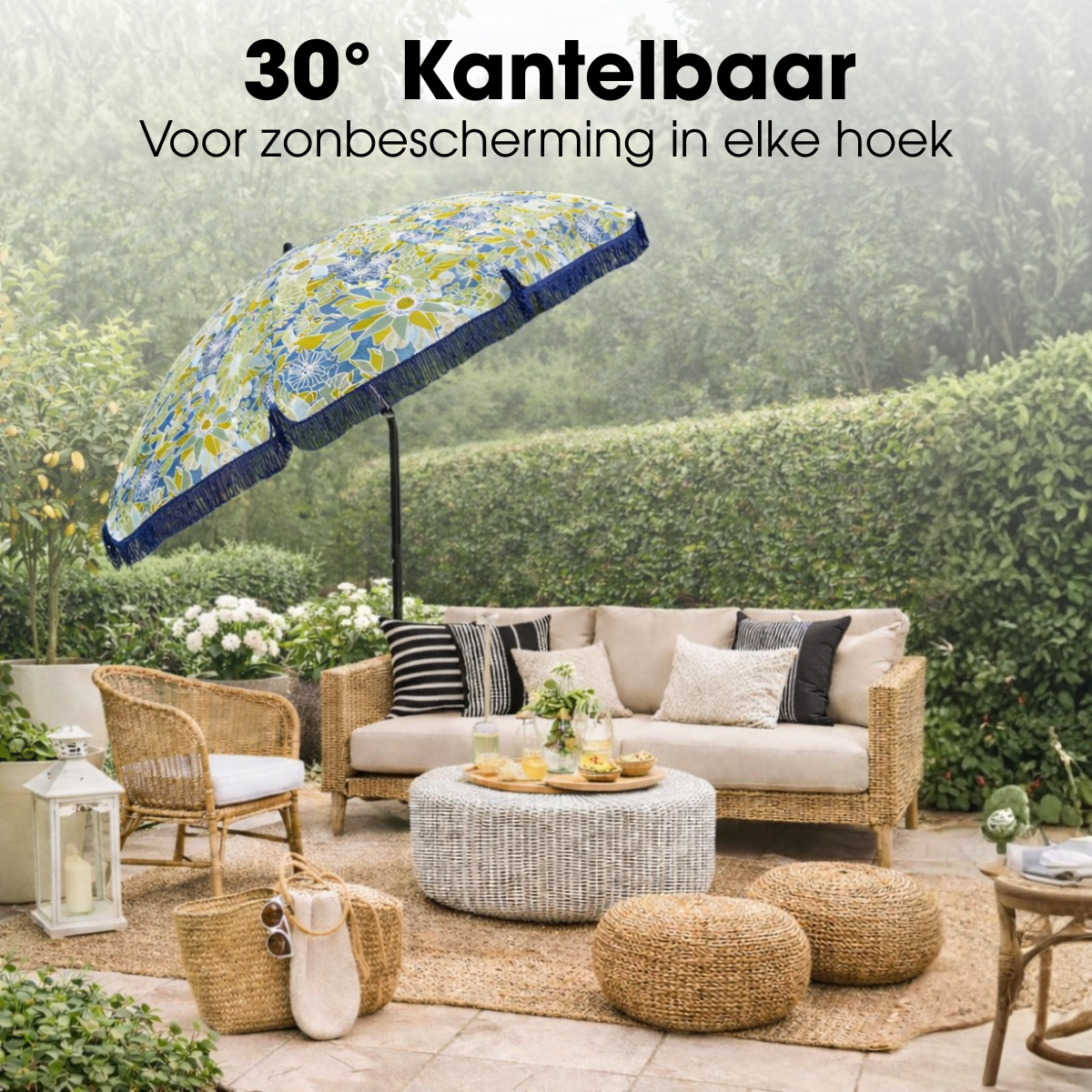 Blauwe parasol met bloemenprint en franjes Ø220 cm
