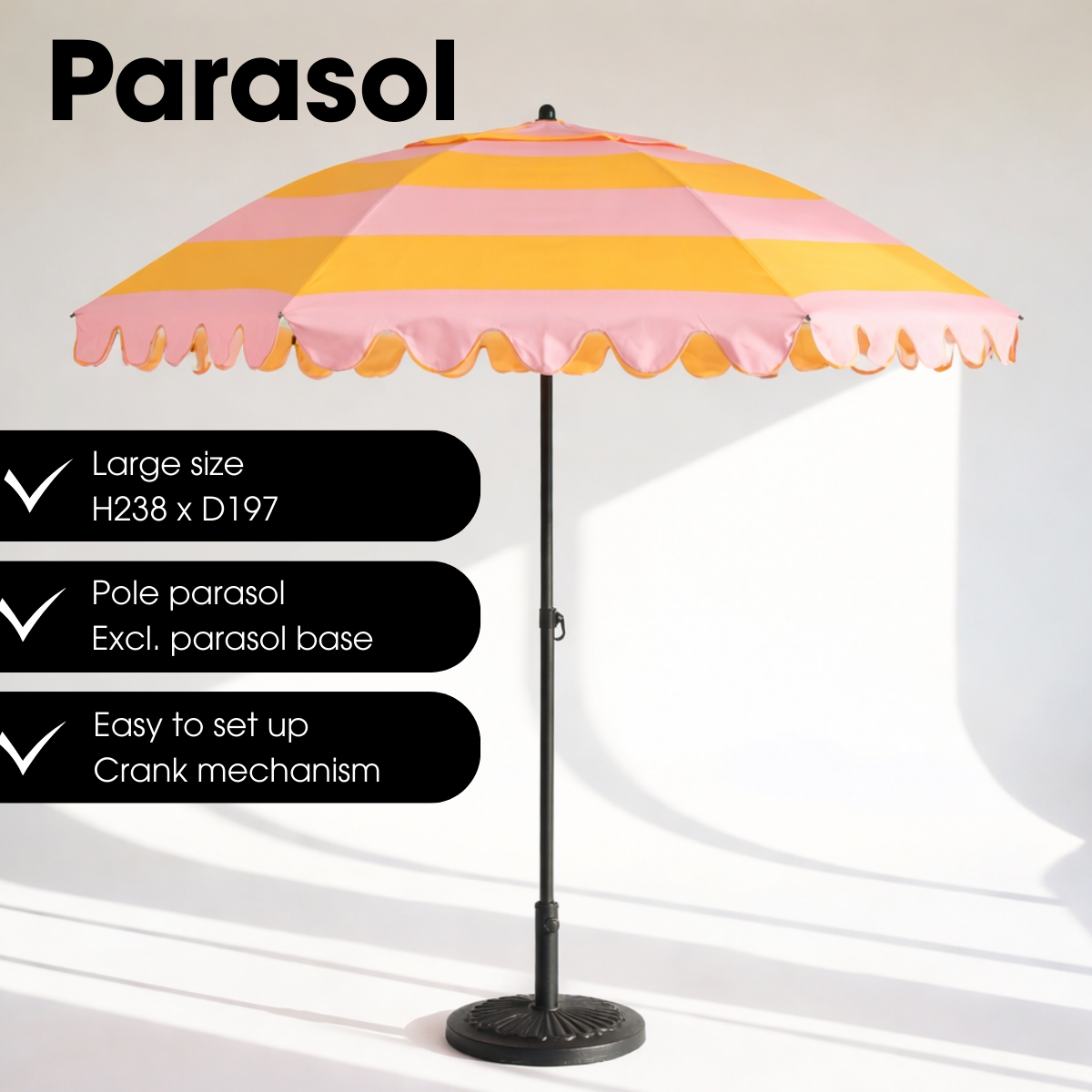 Geel-roze gestreepte parasol met ruches Ø195 cm