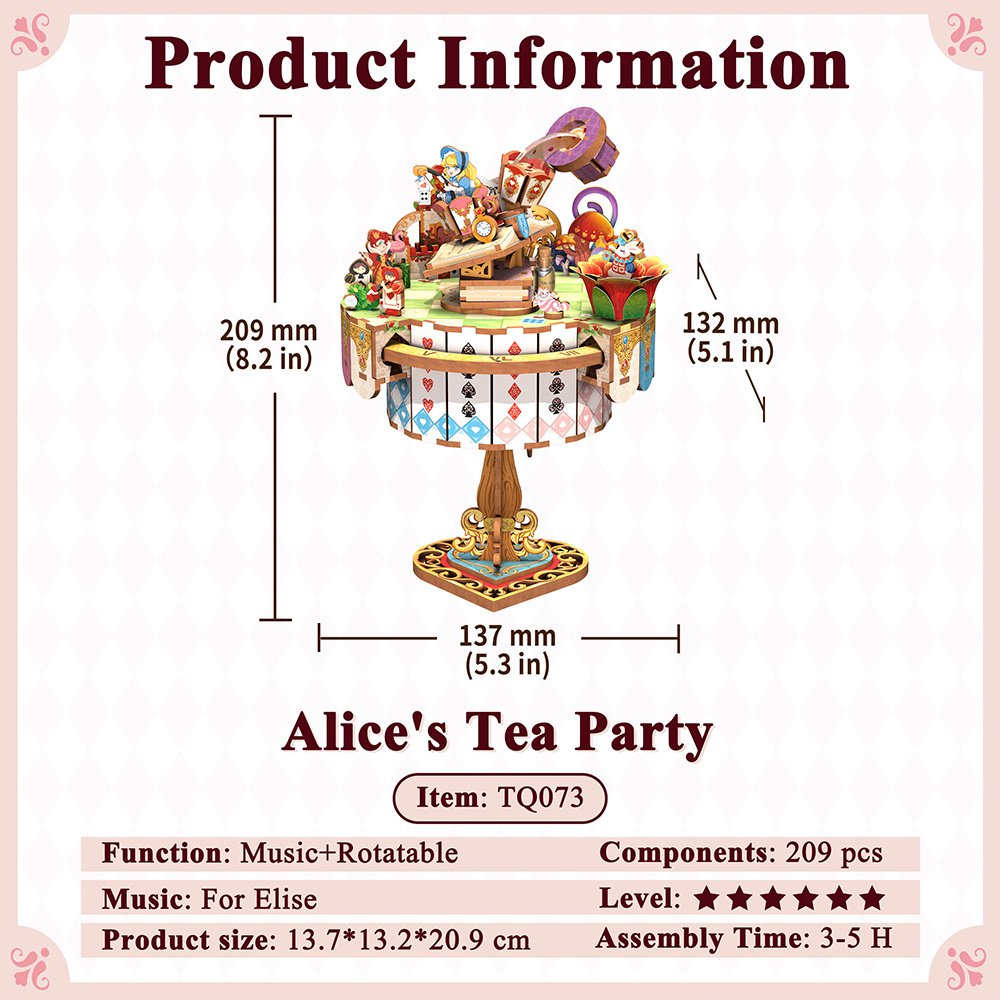 DIY 3D houten muziekdoos Alice's Tea Party, 13,7 x 13,2 x 20,9 cm