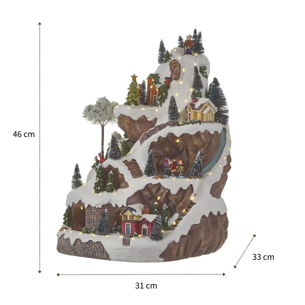 Kerstdorp skipiste met verlichting en bewegende scènes, 33 × 31 × 46 cm
