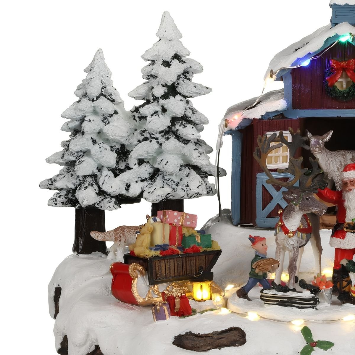 Kerstdorp tafereel met kerstman, elfjes en roterend plateau, 23,5 × 21 × 20 cm