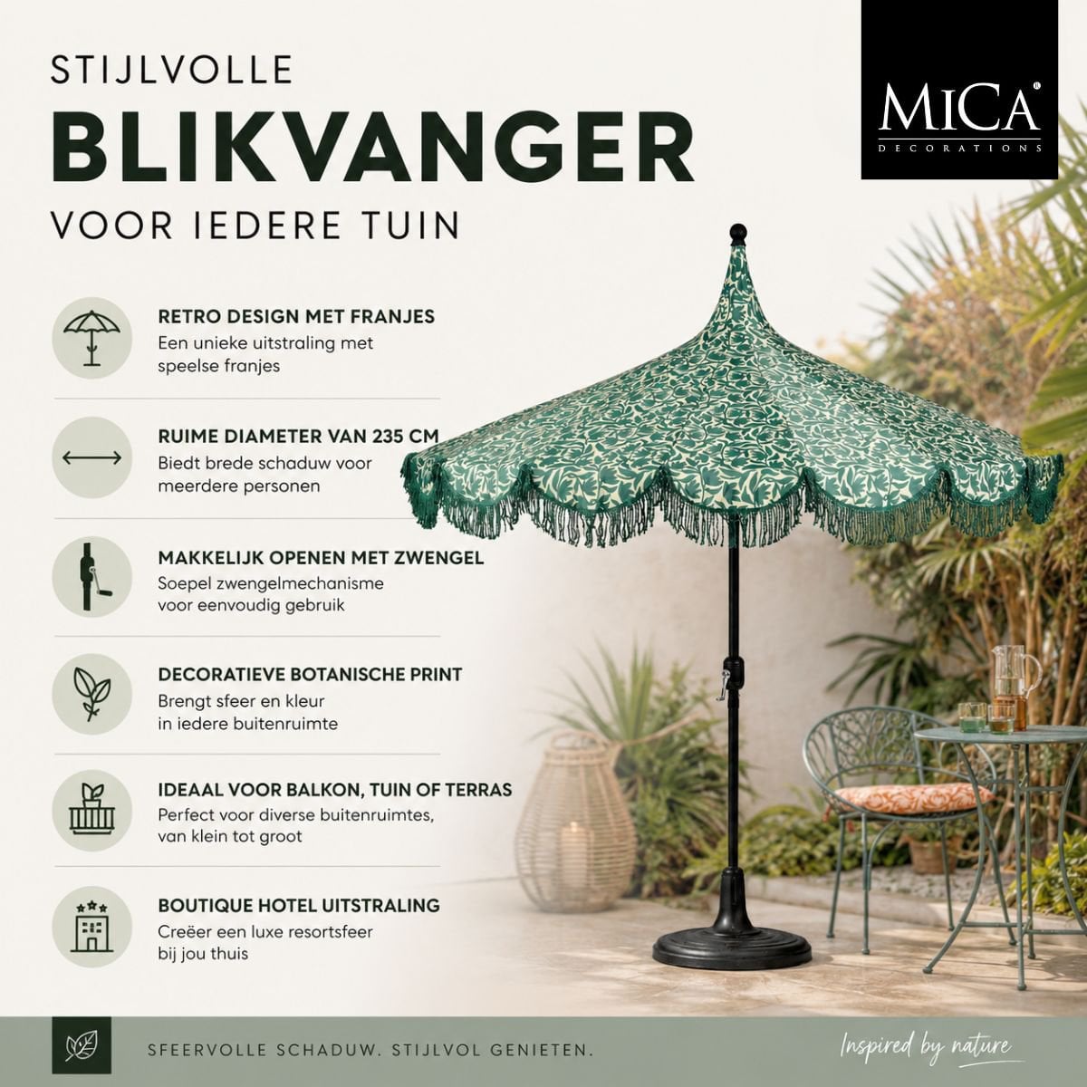 Donkergroene parasol met bloemenprint en franjes Ø235 cm