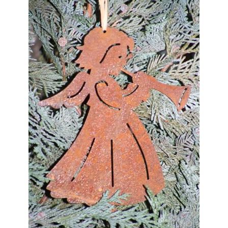 Engel decoratie met trompet, roestpatina, 15 × 12 cm
