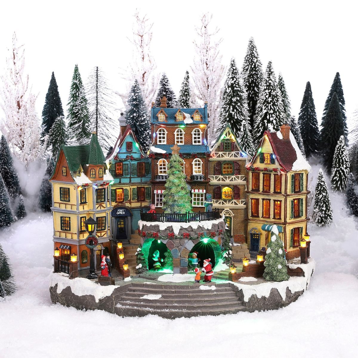 Kerstdorp dorpsplein met draaiende kerstboom en verlichting, 41,5 × 25 × 31,5 cm