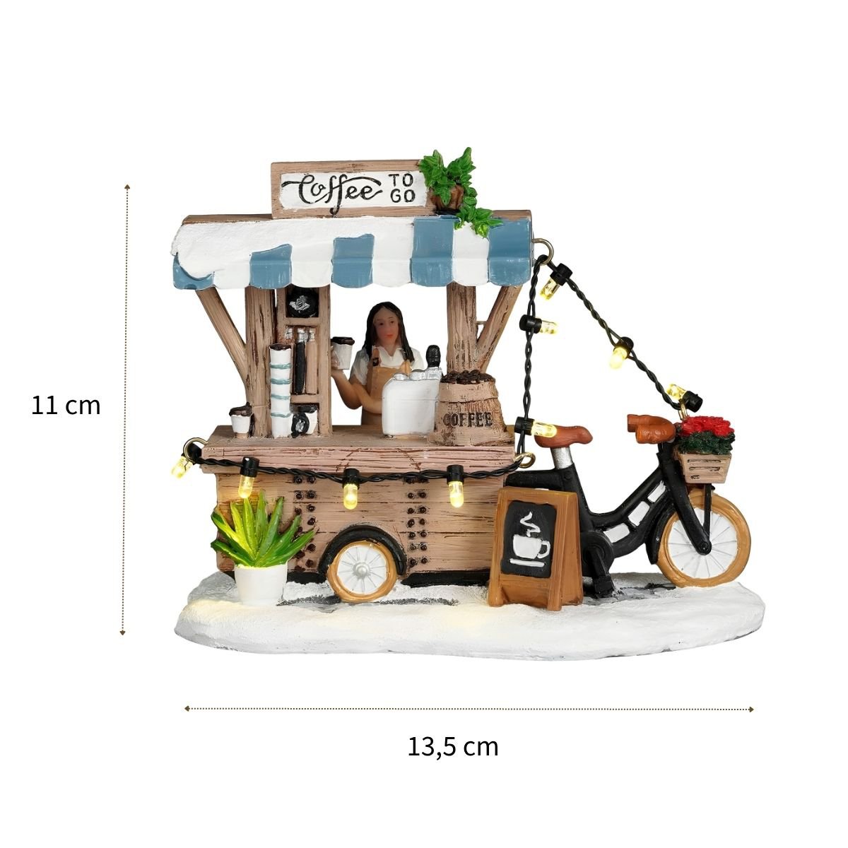 Kerstdorp miniatuur koffiekraam met verlichting, 13,5 × 8 × 11 cm