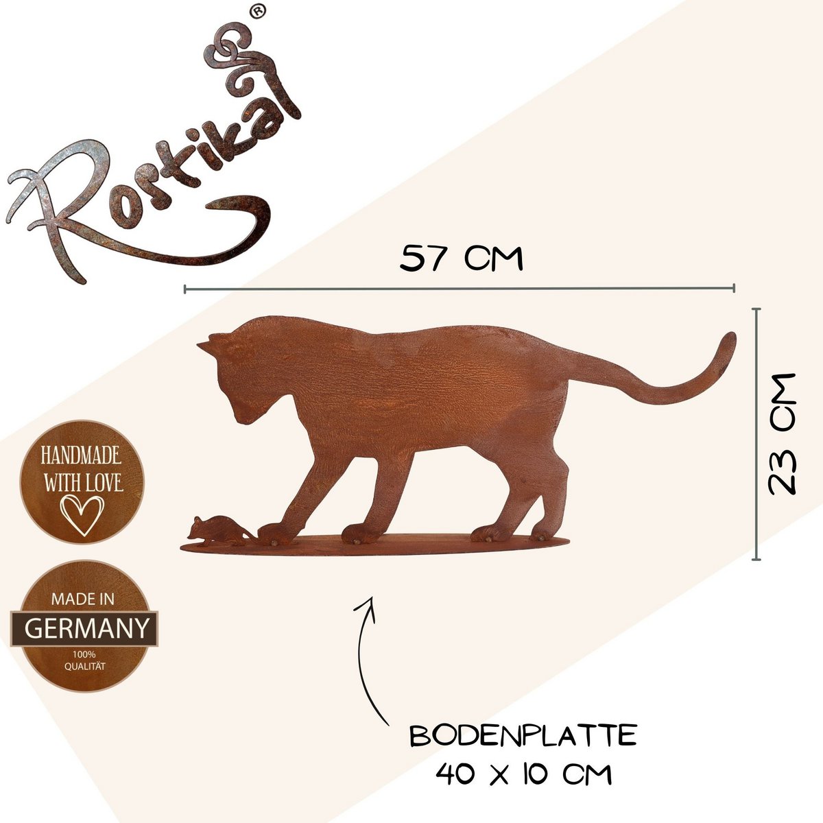Roestmetalen kat met muis, op bodemplaat