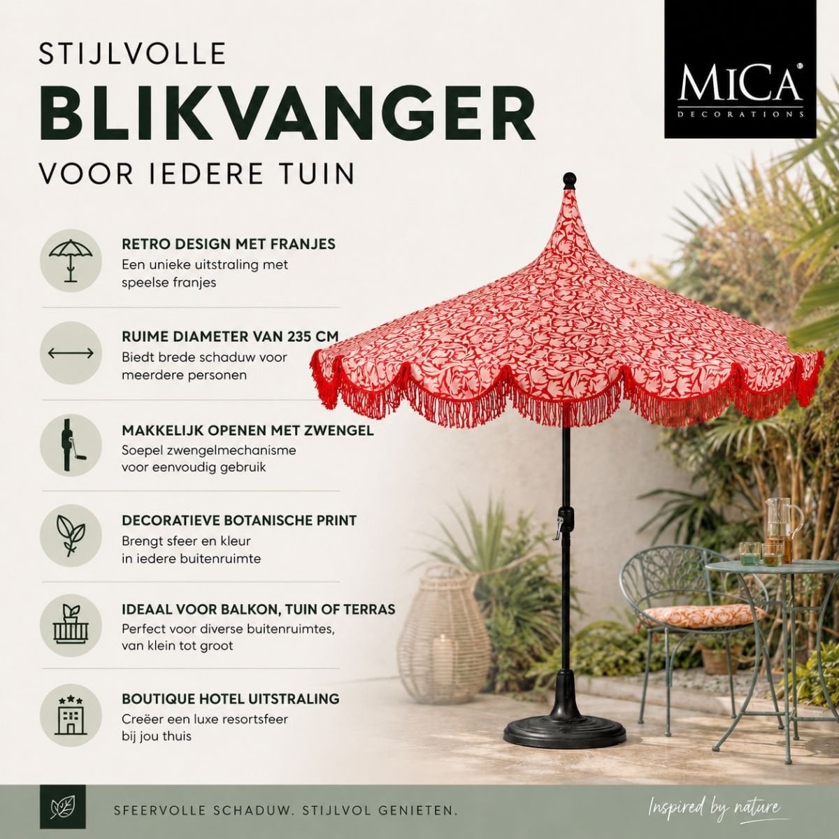Rode parasol met bloemenprint en franjes Ø235 cm