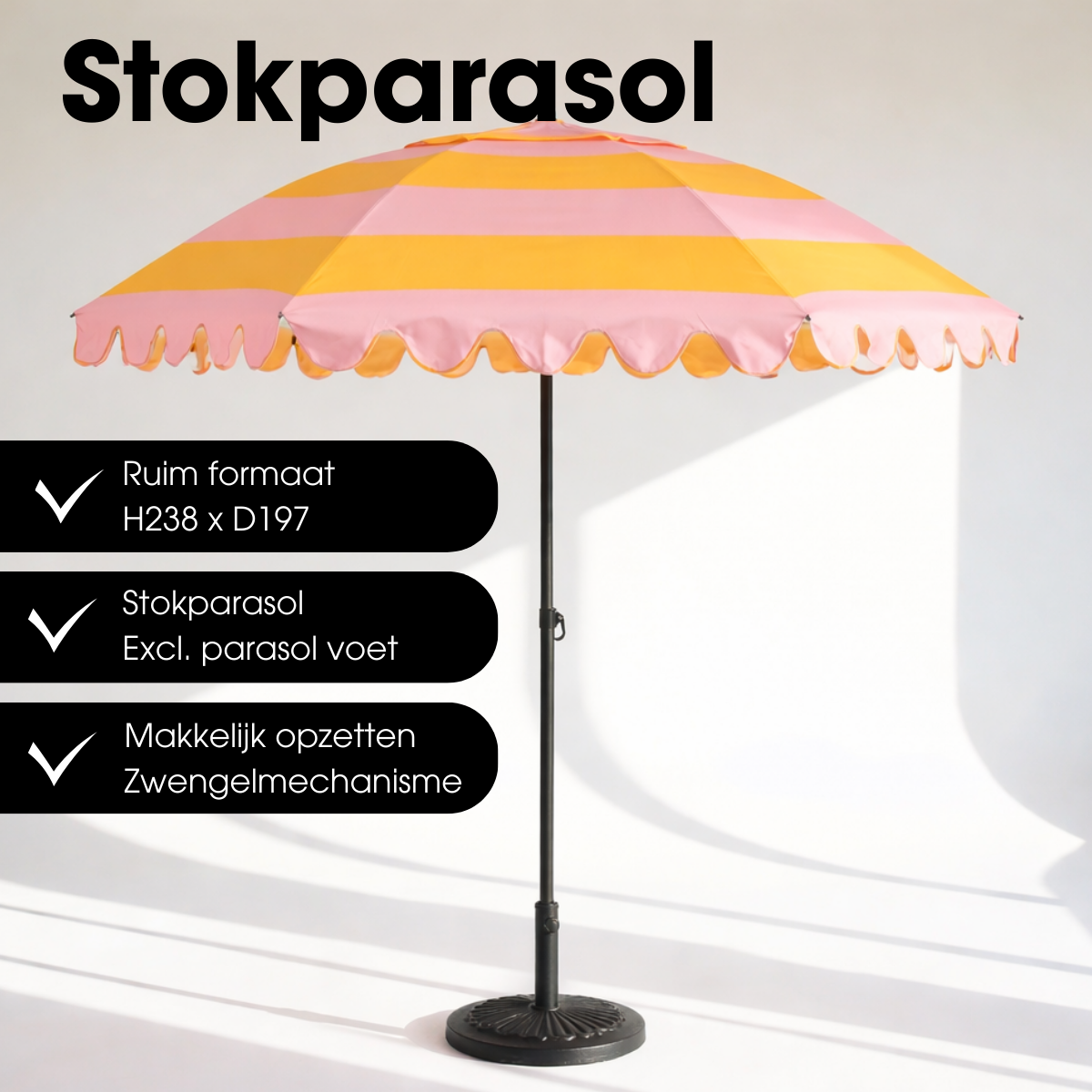 Geel-roze gestreepte parasol met ruches Ø195 cm
