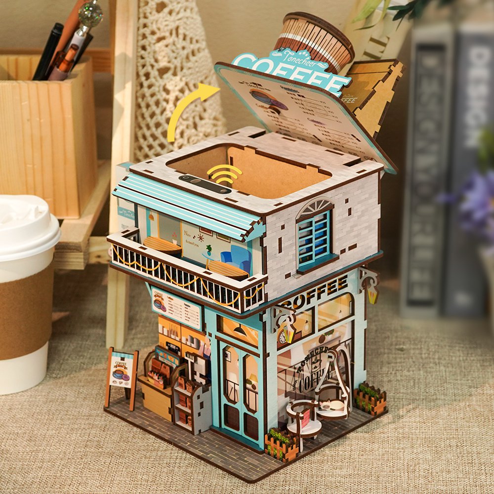 3D houten bureau organizer koffiehuis, 15 x 14 x 23 cm