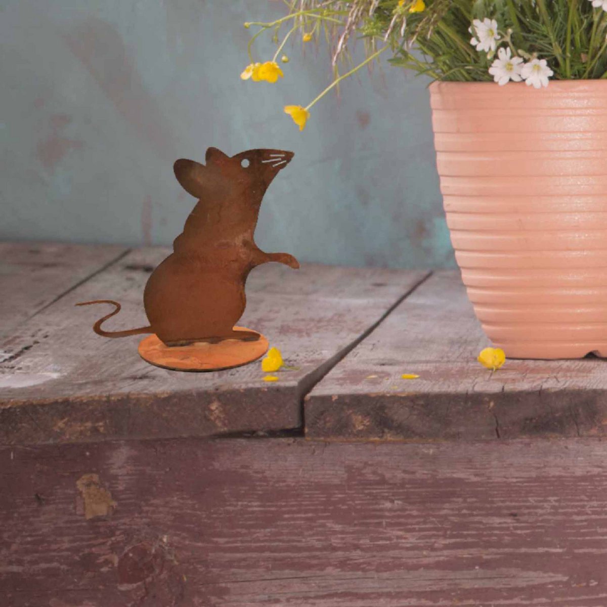 Roestmetalen muis op bodemplaat, 13,5 cm