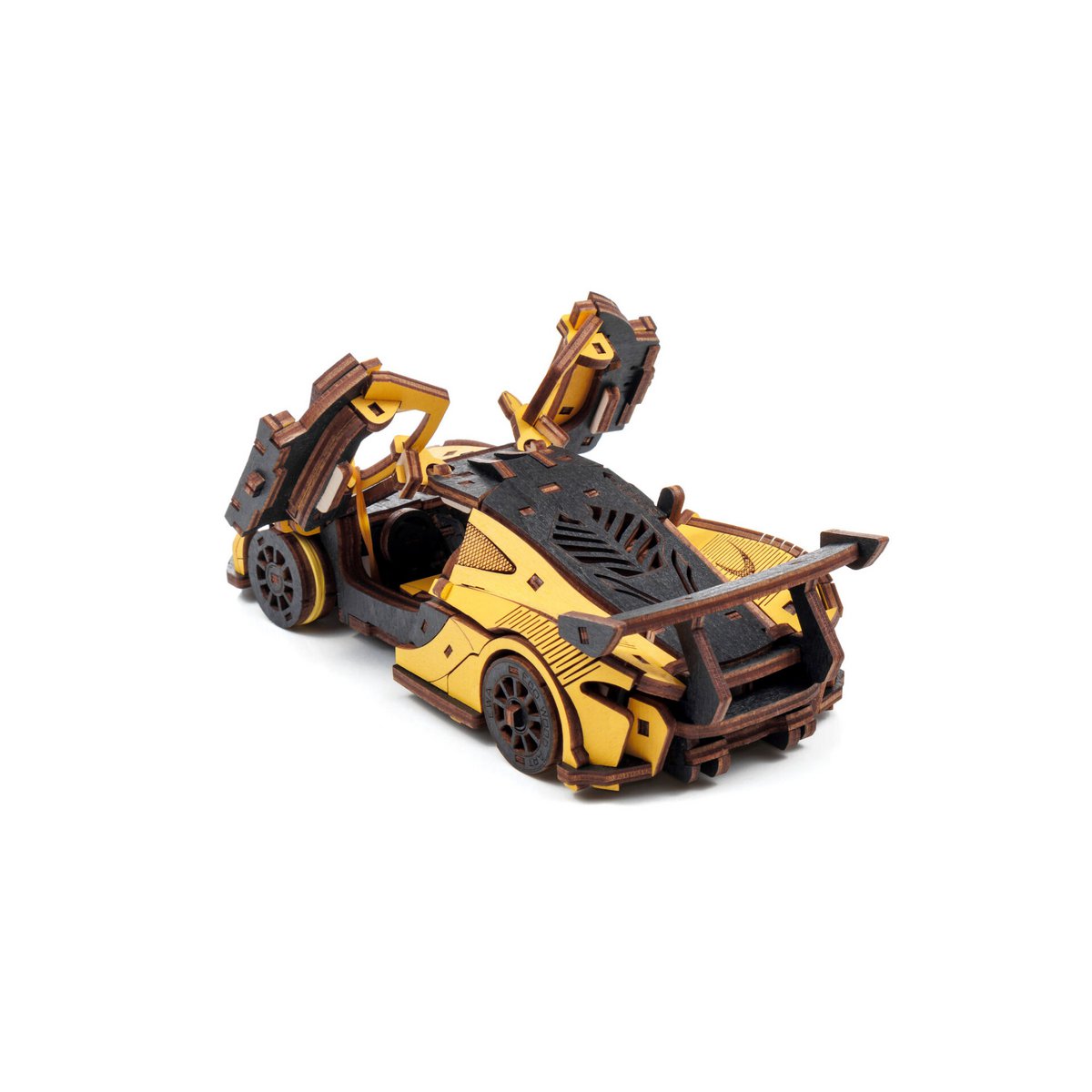 DIY houten mechanische puzzel raceauto geel, 21 x 9,5 x 5,7 cm