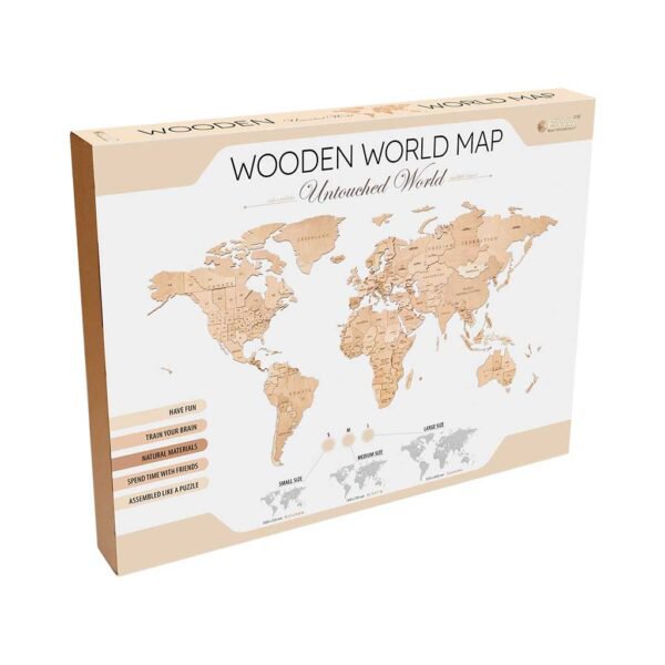Houten wandpuzzel wereldkaart S naturel 114 stukjes, 55 × 100 cm