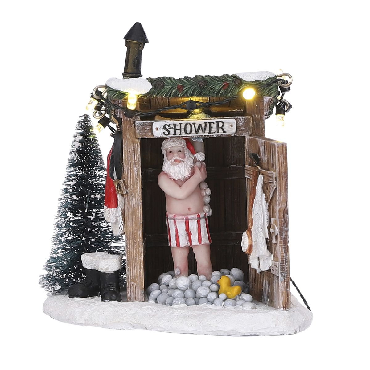 Kerstdorp miniatuur kerstman onder de buitendouche, 10 × 8,5 × 11 cm
