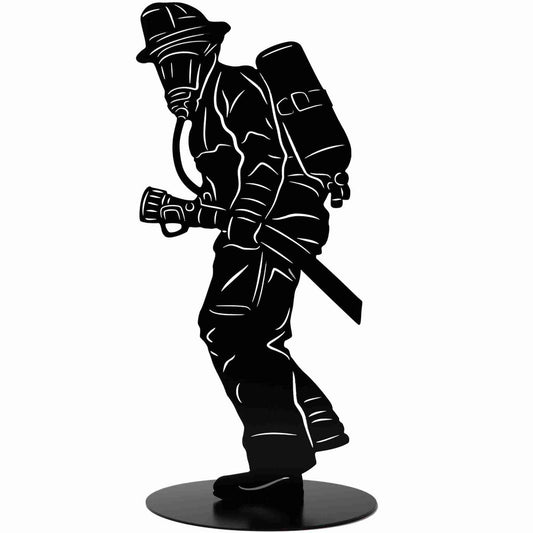 Brandweerman figuur metalen tuindecoratie matzwart, 20 of 40 cm