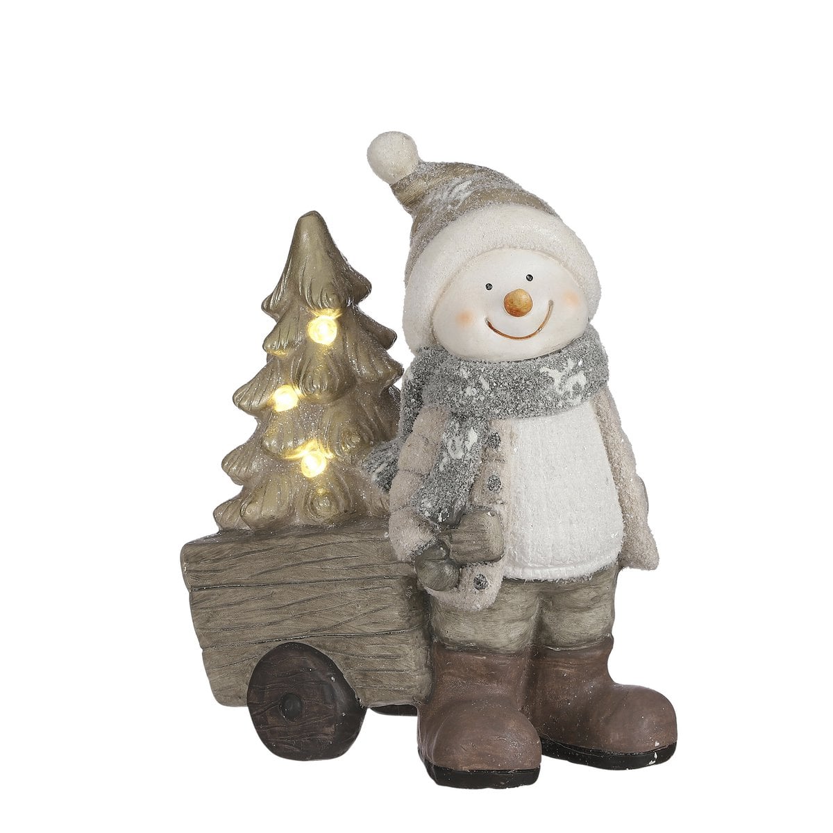 Sneeuwpop beeld met verlichte kerstboom, grijs, 40,5 cm