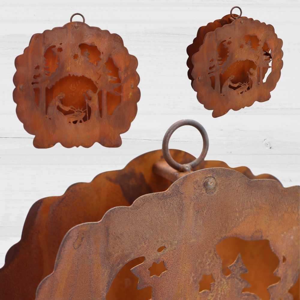 Roestmetalen kerststal met theelichthouder, om op te hangen, 26 cm