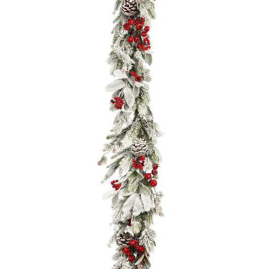 Groene kerstguirlande met sneeuw en rode besjes, 178 cm
