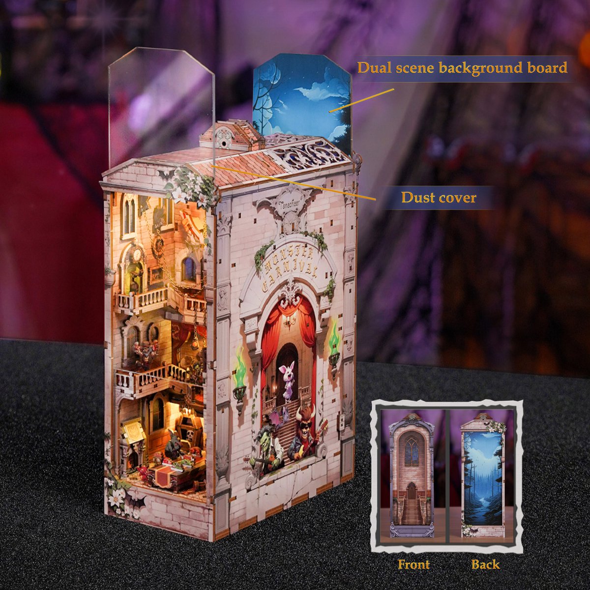 Monster Carnival book nook, 10,7 × 18,2 × 28,3 cm