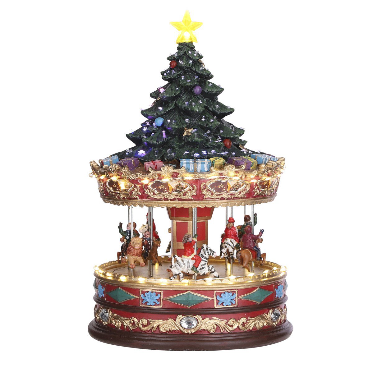 Kerstdorp carrousel met kerstboom, muziek en verlichting, 22 × 22 × 35 cm