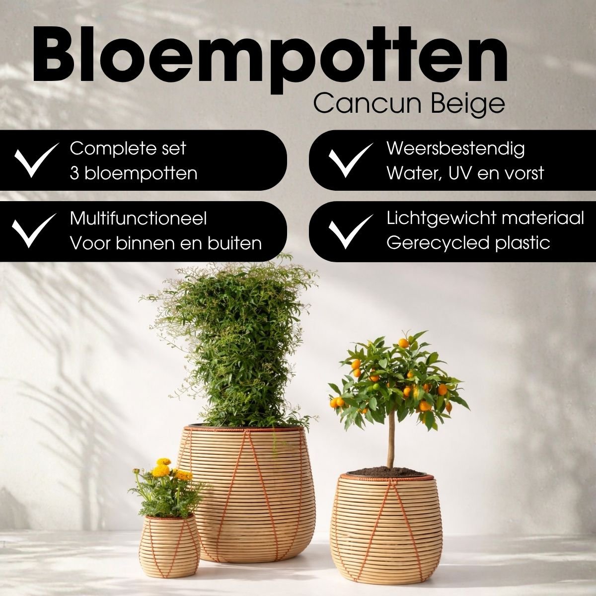 Cancun bloempottenset, 3 stuks, beige met oranje details