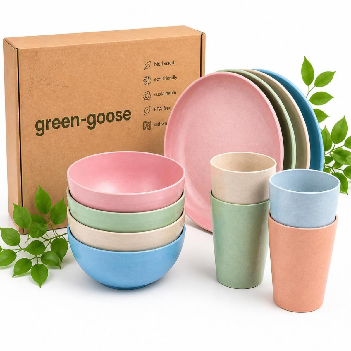 Bio-based servies set met bekers, borden en kommen, 12-delig