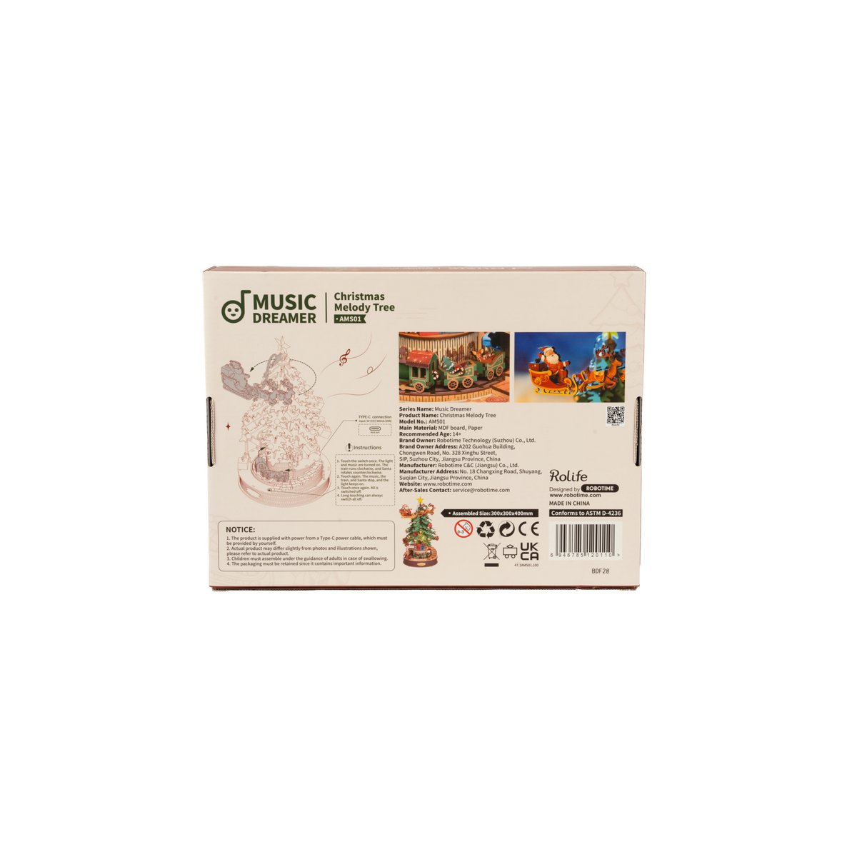 DIY 3D houten muziekdoos kerstboom met verlichting, 30 x 30 x 40 cm