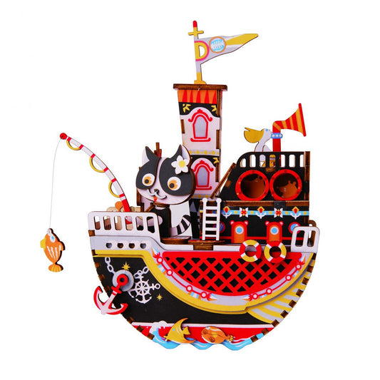 DIY 3D houten muziekdoos Fishing Kitty, 18 x 8,3 x 18,9 cm