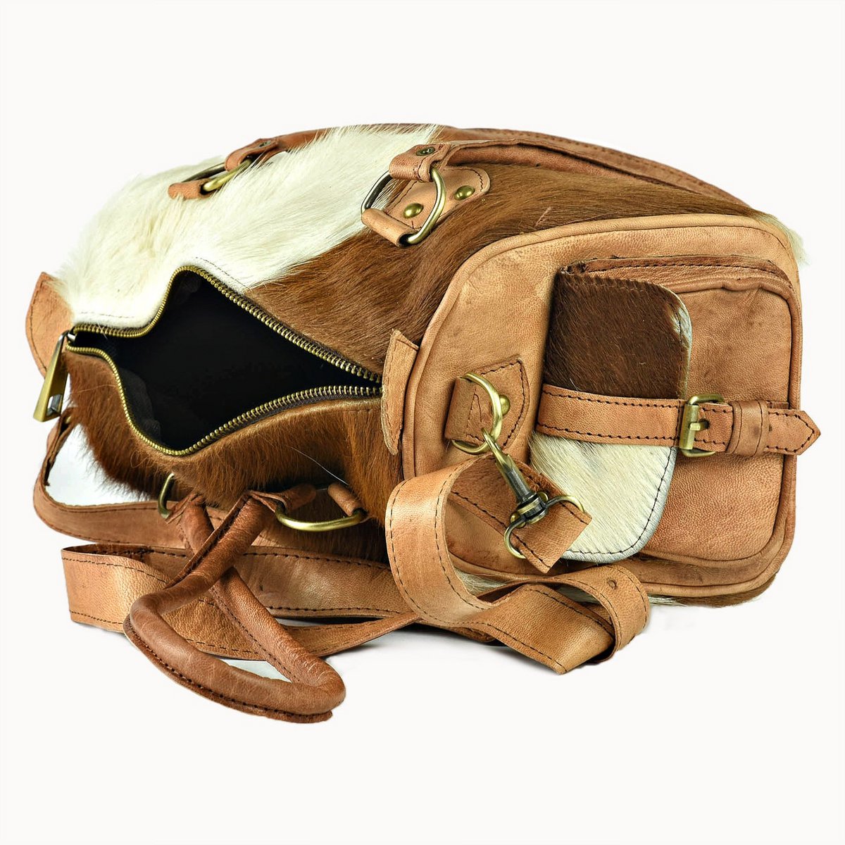 Yasmin leren handtas met koeienvacht, 30 × 15 × 19 cm