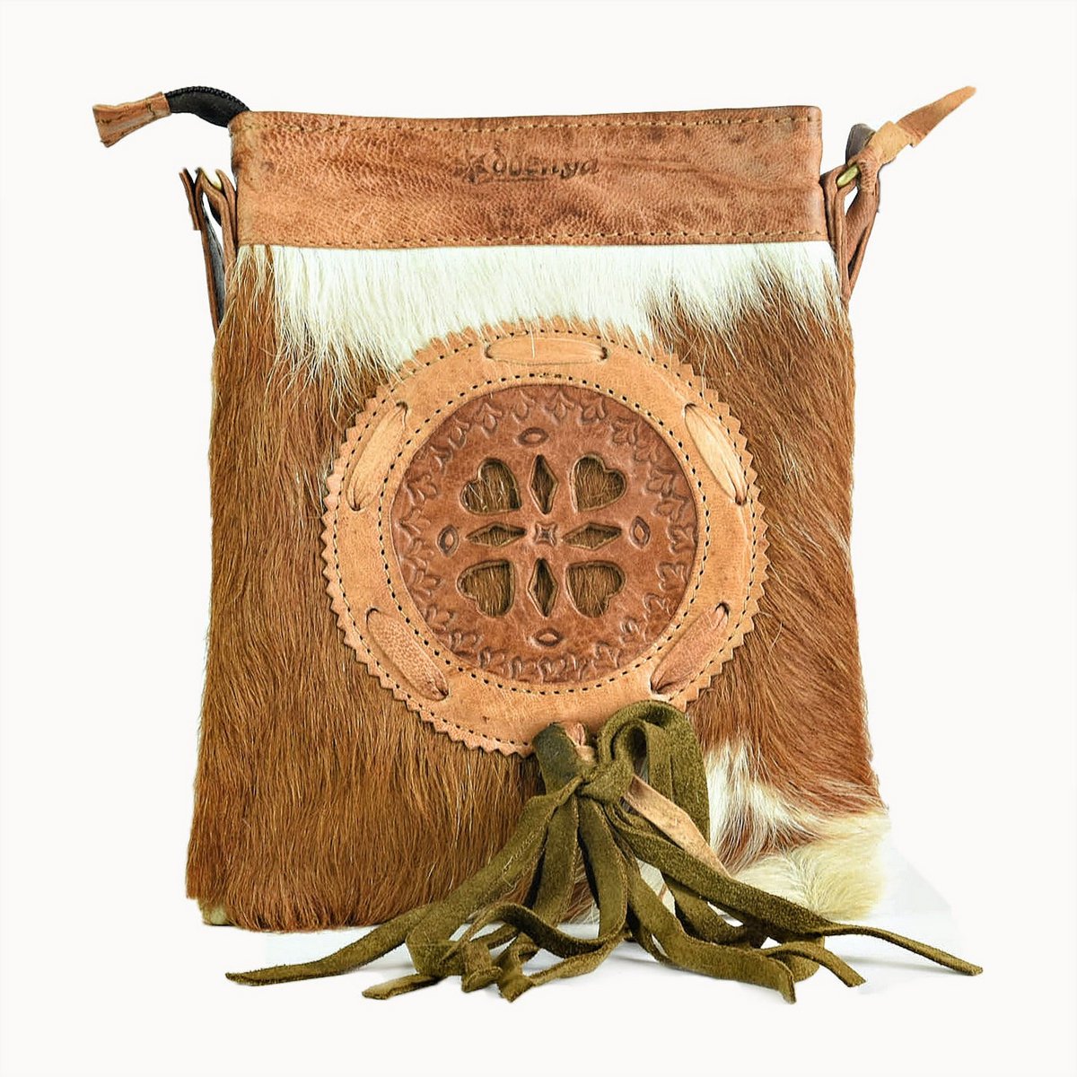 Farin leren heuptas en crossbodytas met koeienhuid, 15 × 3 × 20 cm