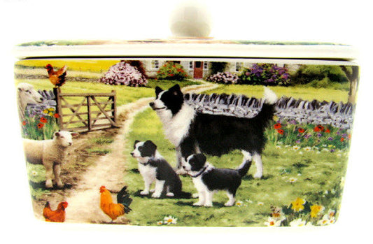 Schaap en collie botervloot, geschikt voor ca. 400 gram boter, Chinees porselein