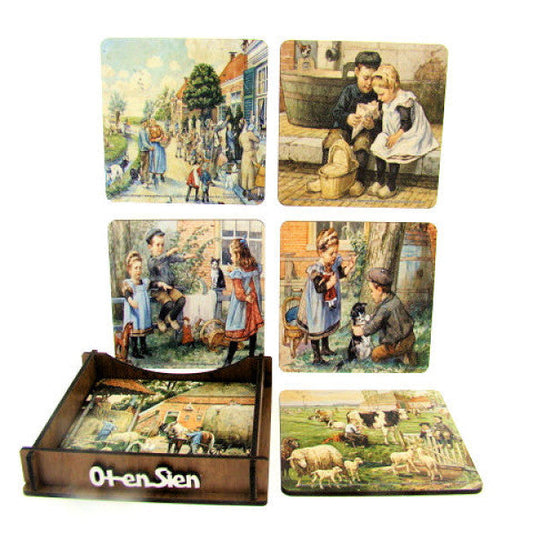 Houten onderzetters Ot en Sien, set van 6, 9 × 9 cm