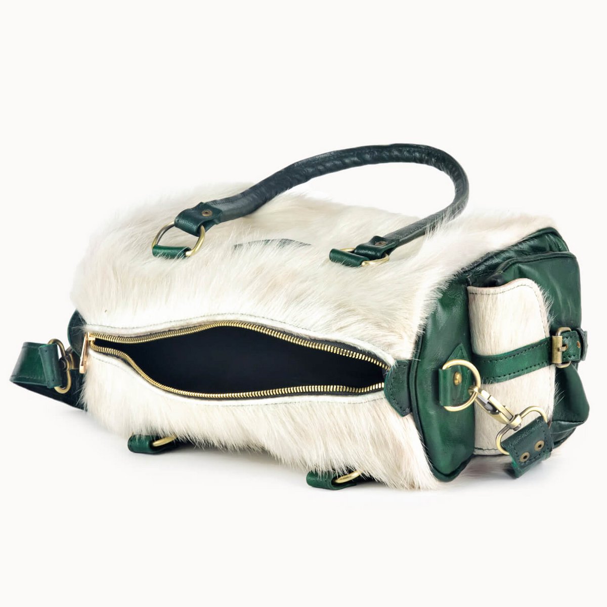 Yasmin leren handtas met koeienvacht, 30 × 15 × 19 cm