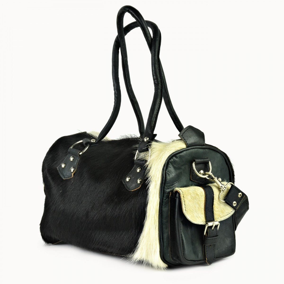 Yasmin leren handtas met koeienvacht, 30 × 15 × 19 cm