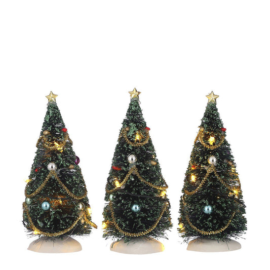 Kerstdorp kerstbomen set, 3 stuks met LED verlichting, 15 cm