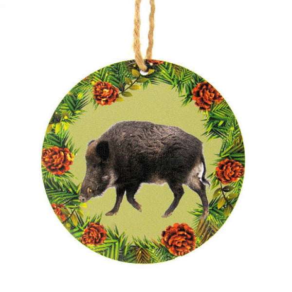Wild zwijn houten decoratie, Ø 7 cm met ophangkoordje