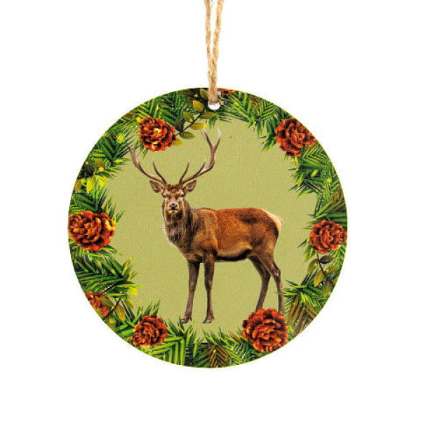 Edelhert houten decoratie, Ø 7 cm met ophangkoordje