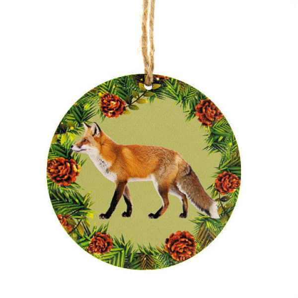 Vos houten decoratie, Ø 7 cm met ophangkoordje