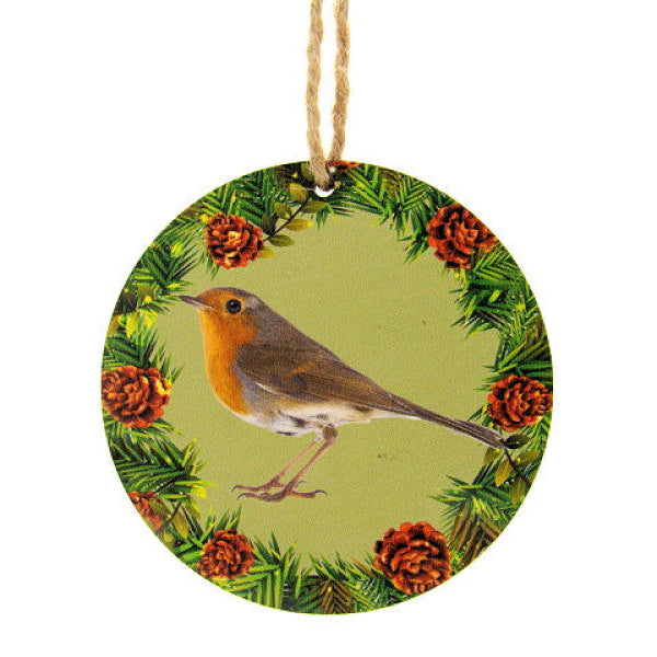 Roodborst houten decoratie, Ø 7 cm met ophangkoordje