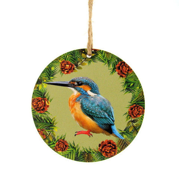 IJsvogel houten decoratie, Ø 7 cm met ophangkoordje