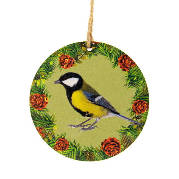 Koolmees houten decoratie, Ø 7 cm met ophangkoordje