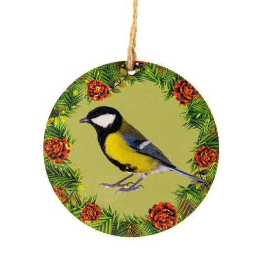 Koolmees houten decoratie, Ø 7 cm met ophangkoordje