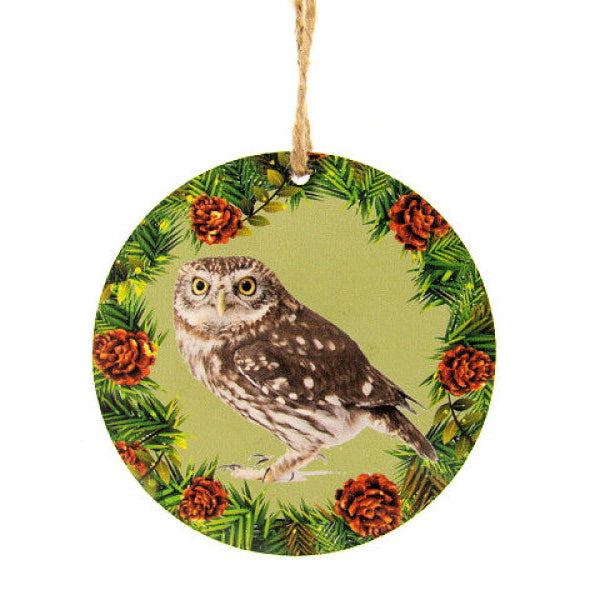 Steenuil houten decoratie, Ø 7 cm met ophangkoordje