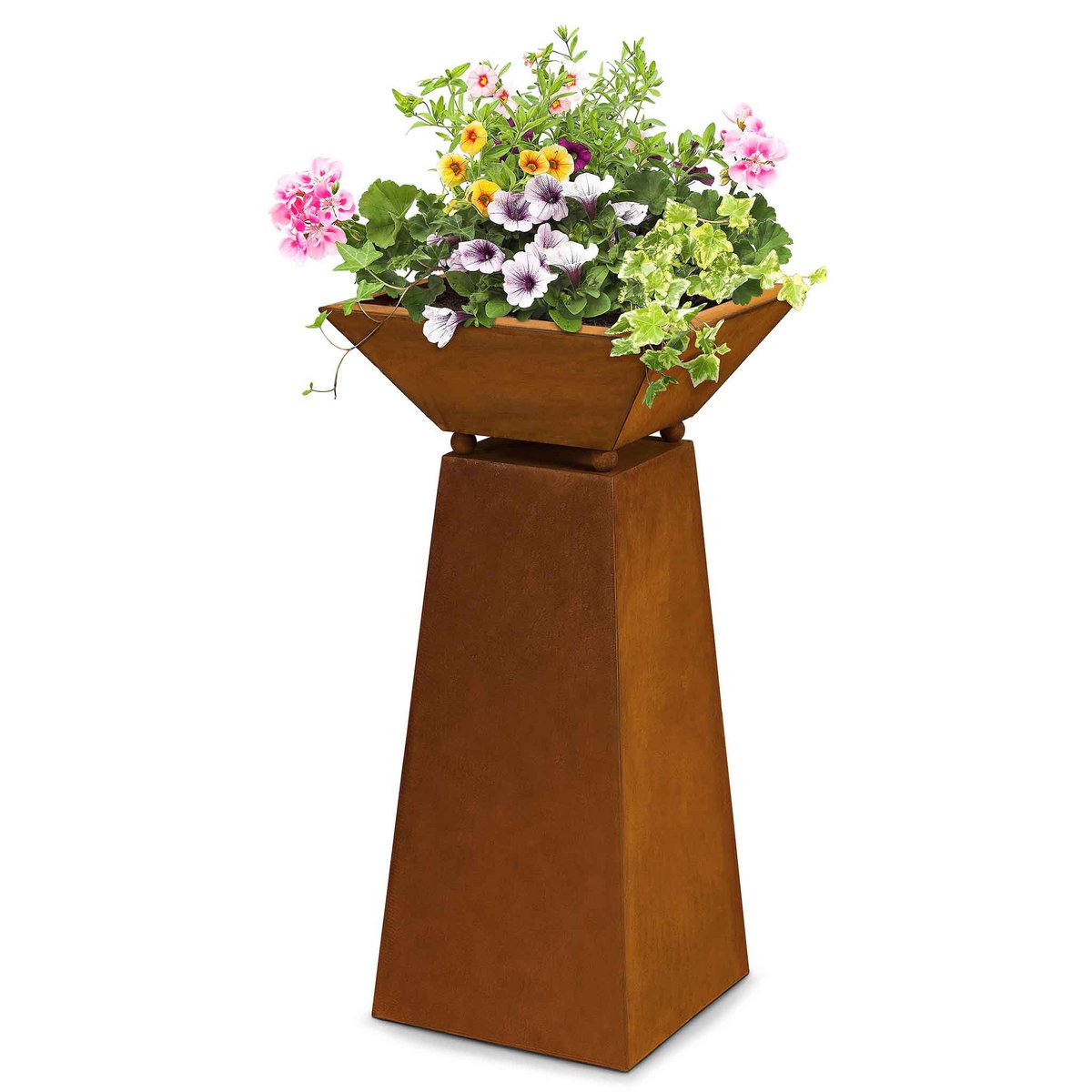 Roestkleurige patina tuindecoratiezuil met bloemenschaal