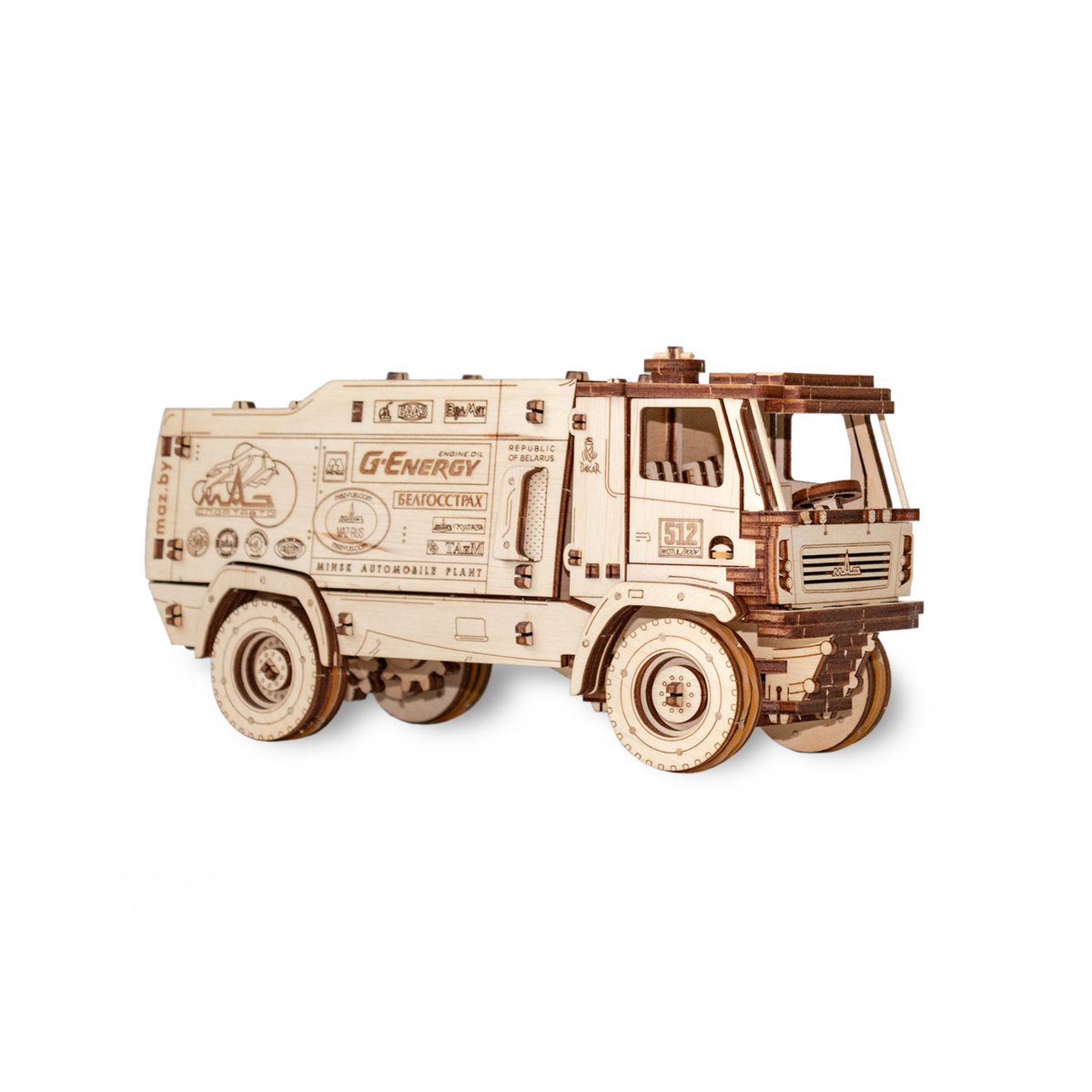 DIY houten mechanische puzzel rallytruck MAZ-5309RR, 35,2 x 13,1 x 16,7 cm