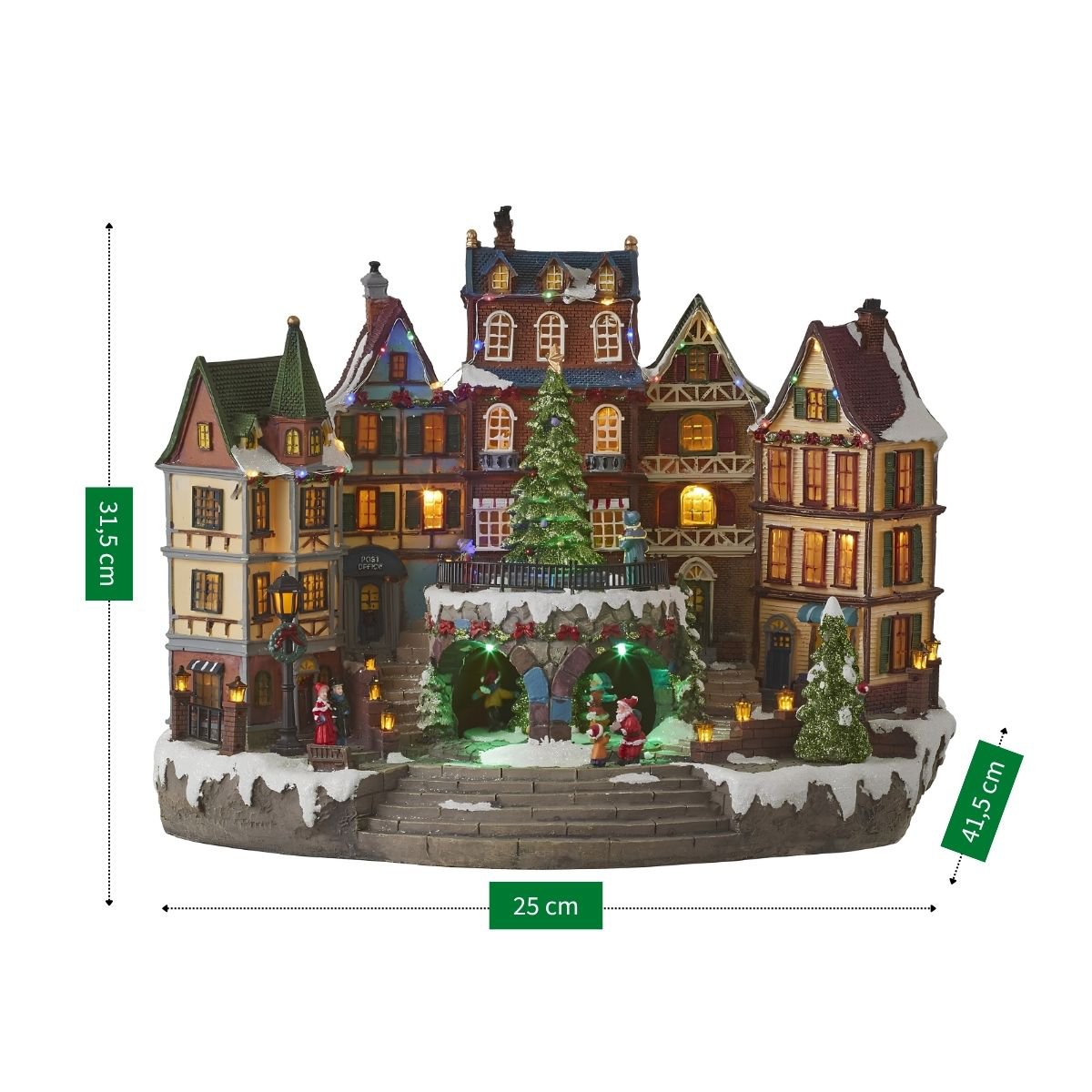 Kerstdorp dorpsplein met draaiende kerstboom en verlichting, 41,5 × 25 × 31,5 cm