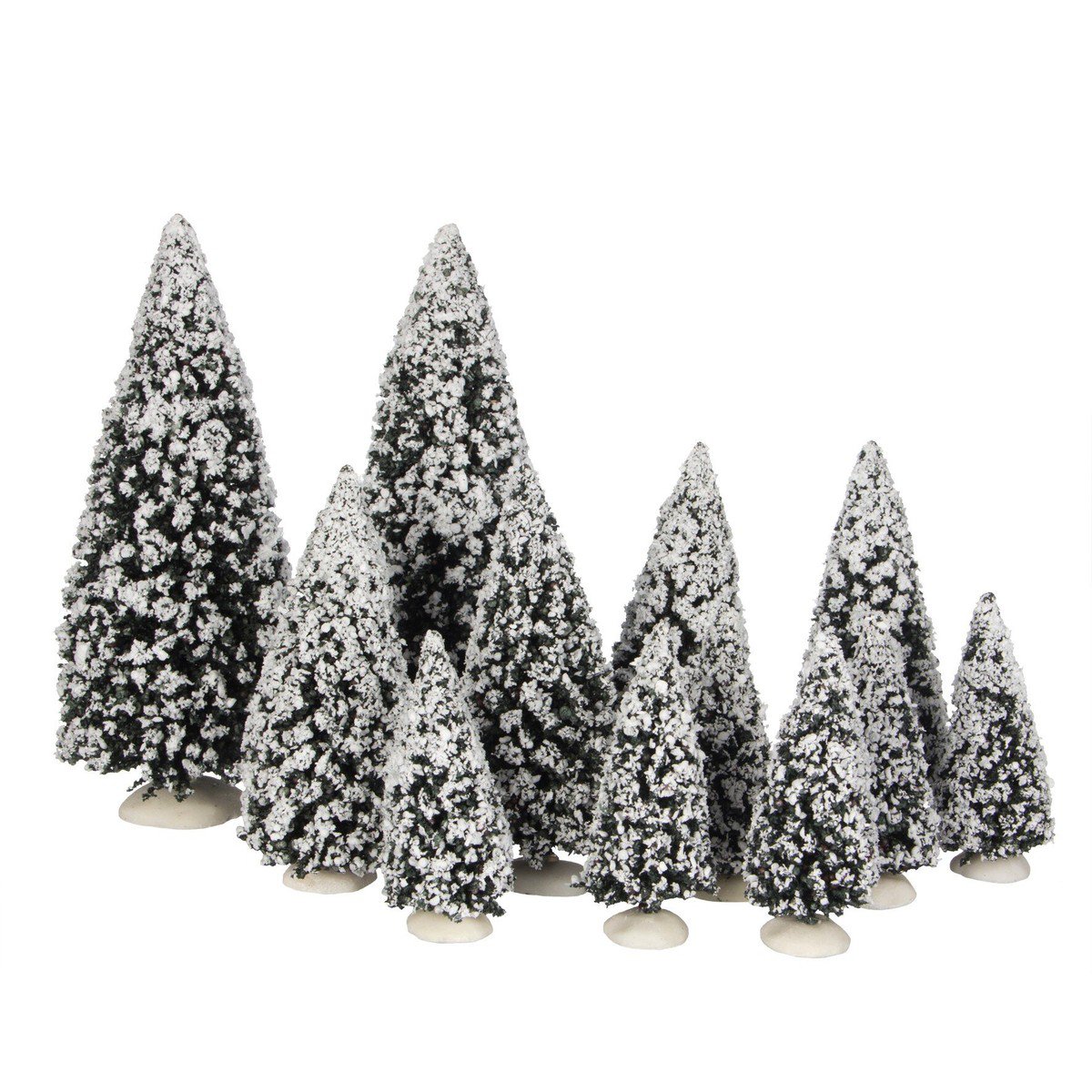 Kerstdorp besneeuwde dennenbomen set, 12 stuks, verschillende hoogtes
